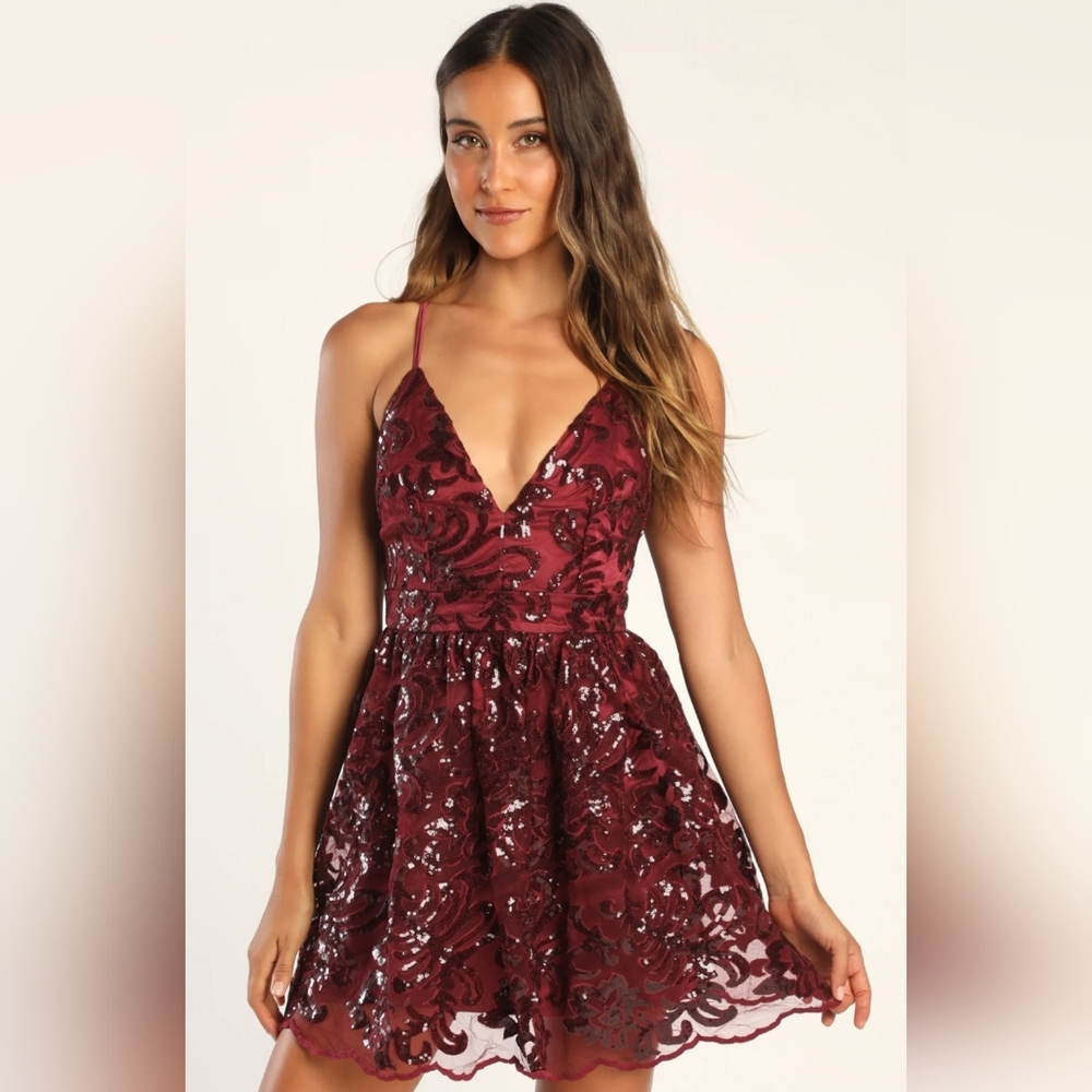 Lulu's Sweetest Celebrations Wine Red Sequin Skater Mini Dress
